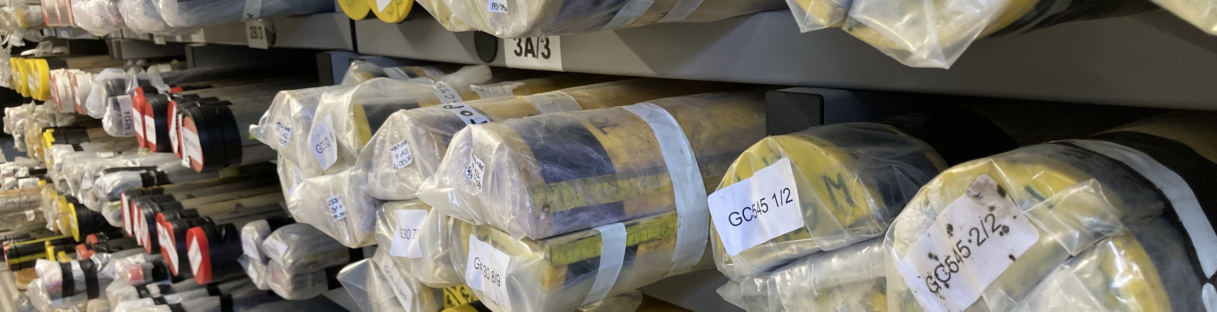 The Polar Sediment Core Facility. Grey racks hold cyclindrical tubes containing sediment cores.